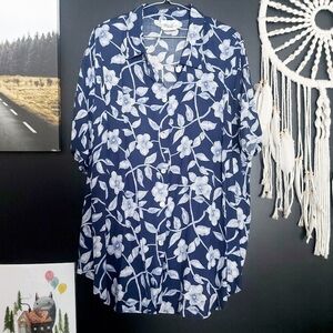 VINTAGE Kathie Lee Plus Navy & Powder Blue Floral Button Down Size 2X